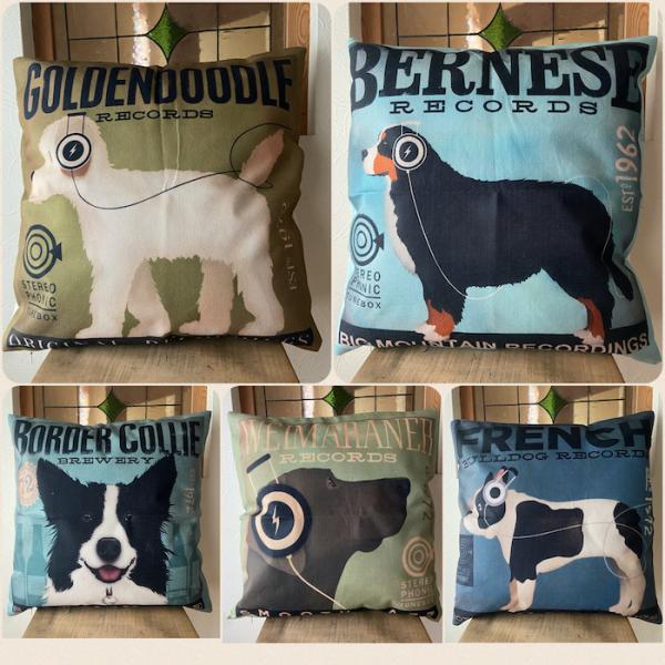 リネンクッションカバー・Records Brewery ボーダーコリー　ゴールデンドゥードル　フレンチブルドッグ　バーニーズ　ワイマラナー　45x45cm 厚地で丈夫