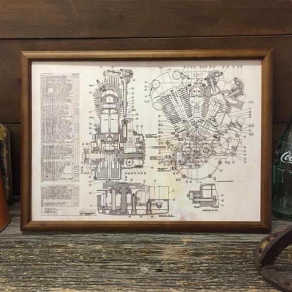 ハーレー ナックルヘッド エンジン 設計図 額縁 セット ◇ B4サイズ