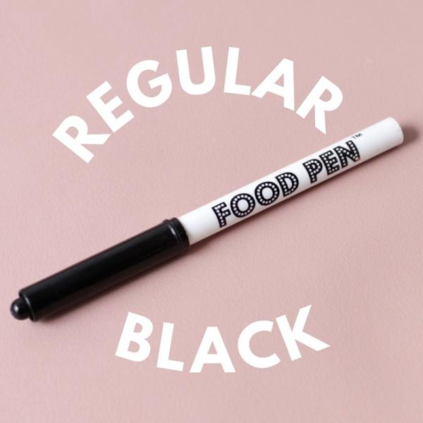 アイシングクッキー・マシュマロ・マカロン・オブラートなどに描けます！フードペンの細いブラック（レギュラータイプ）ペン先は少し太めで、柔らかさを重視しております。初心者の方には細かい文字より広い面を塗るのに適しています。イタリア製のFOODP...