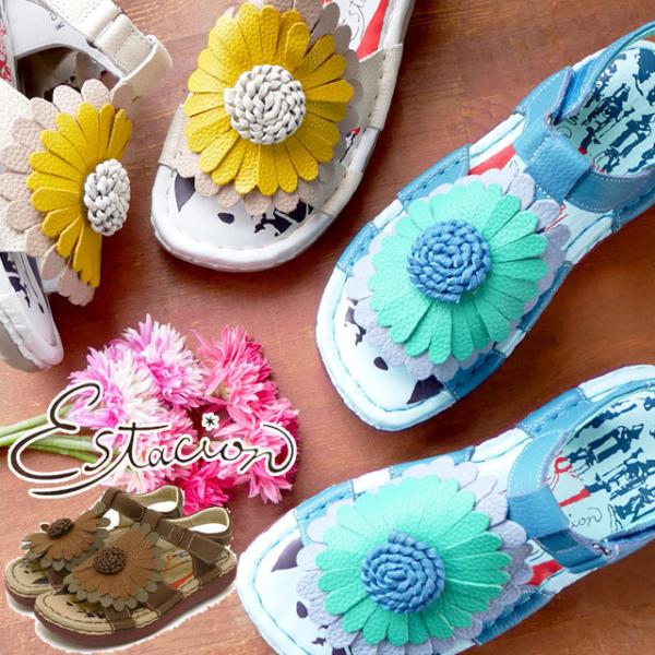 送料無料 レディース 2021 夏 新作 夏新作 サマー SS コンフォートサンダル サンダル 人気 流行 定番 Estacion TGE405 カジュアルシューズ ベルクロ フラワーモチーフ お花 本革 靴 アイボリー ブルー ブラウン エスタシオン Estacion レディース サンダル コンフォートサンダル