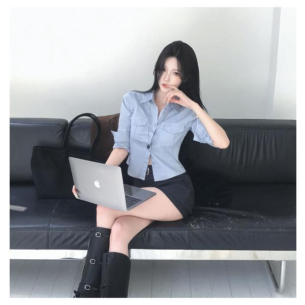 ブラウス　ブルー　ホワイト　半袖