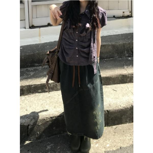 デニムスカート　韓国　ファッション　ダメージ加工