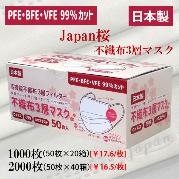 1000枚 2000枚「Japan 桜」ワンポイント ロゴ入り 不織布 マスク 日本 