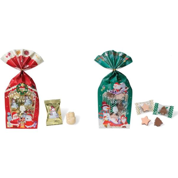 クリスマスリースやサンタさんが描かれた袋に、スノーマンの形をしたパチパチはじけるキャンディ入りチョコレートが入っています。クリスマスらしいショートケーキの味わいです内容量：6個そりに乗ったサンタさんや動物たちが描かれた袋に、ツリーと星の形を...