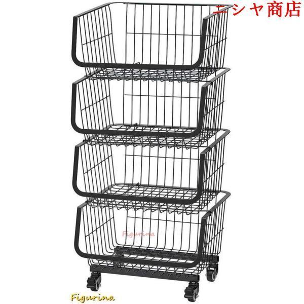 スタッキング ワイヤーラック ブラック 4段 幅 42.5 奥行 36.5 高さ 89.5cm ワイヤーバスケット 什器 空?活用 模様替え 整理用品 事務 整理 良好