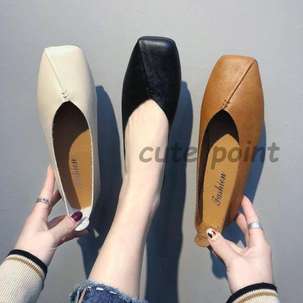 スクエアトゥ パンプス ローヒール フラットシューズ レディース シンプル 婦人靴 シューズ 痛くない カジュアル 履きやすい 通勤 歩きやすい ぺたんこ