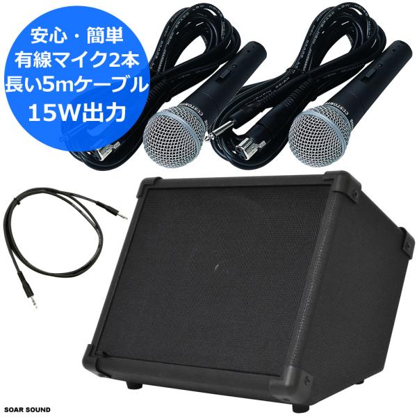 15W出力 長い5mケーブル アンプ内蔵アンプ + 有線マイク2本 セット