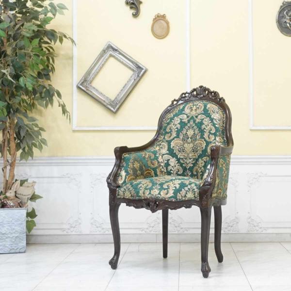 高級　アンティーク　ロココ調　猫脚　アームチェア　グリーン アンティーク アームチェア ロココ調家具 シンフォニー エレガント