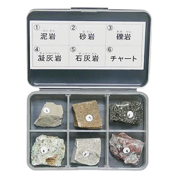 仕様岩石標本　堆積岩6種入数：1セット内容：泥岩、砂岩、れき岩、凝灰岩、石灰岩、チャート解説等：解説付き※天然物のため、材料入手の都合により内容を変更する場合があります。