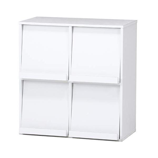 他サイト： 不二貿易 ディスプレイラック 本棚 幅80×奥行46.5×高さ85cm ホワイト 4マス フラップ扉 サイドボード マガジンラック 86034の商品画像