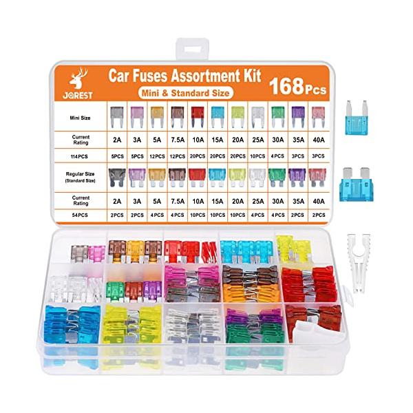 他サイト： JOREST 168個カーヒューズキット、114個ミニ平型ヒューズ + 54個平型ヒューズ + 1個ヒューズクリップ、 車/トラック/オートバイの商品画像