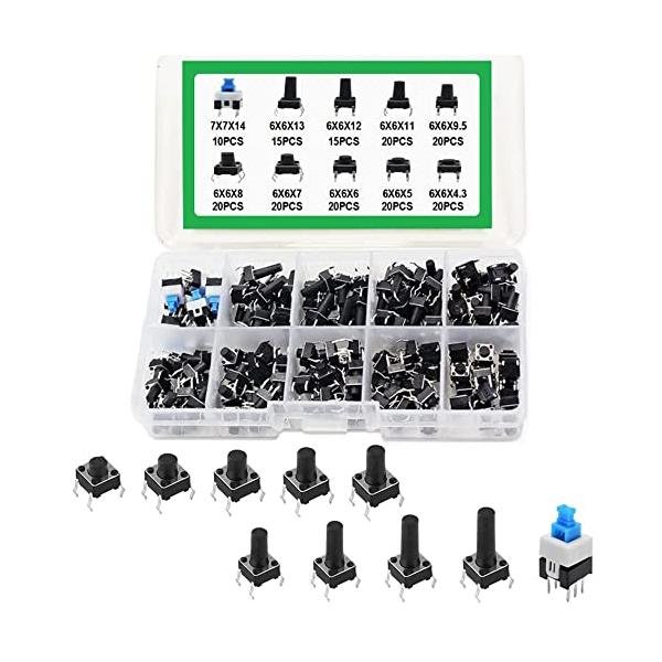 セット内容押しボタンスイッチ、10種類180個があり。7x7x14mm*10個、6x6x13mm*15個、6x6x12mm*15個、6x6x11mm*20個、6x6x9.5mm*20個、6x6x8mm*20個、6x6x7mm*20個、6x6...
