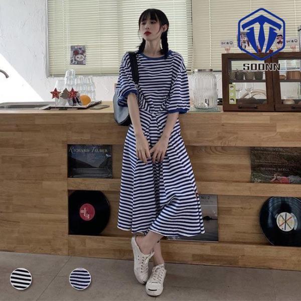 ワンピース 夏 レディース 半袖ワンピース ボーダー柄 ロングワンピ マリンセーラー サマーワンピース 5分丈袖 体型カバー マキシワンピース