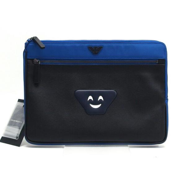 エンポリオアルマーニ フェイスデザイン クラッチバッグ 黒x青