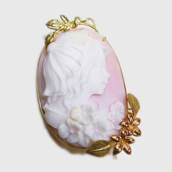 女性モチーフ コンクシェル カメオ ブローチ ペンダントトップ K18YG
