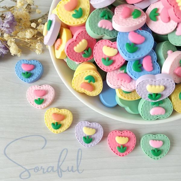 デコパーツ チューリップモチーフのハートパーツ ステッチ 6個 貼付けパーツ D-0045