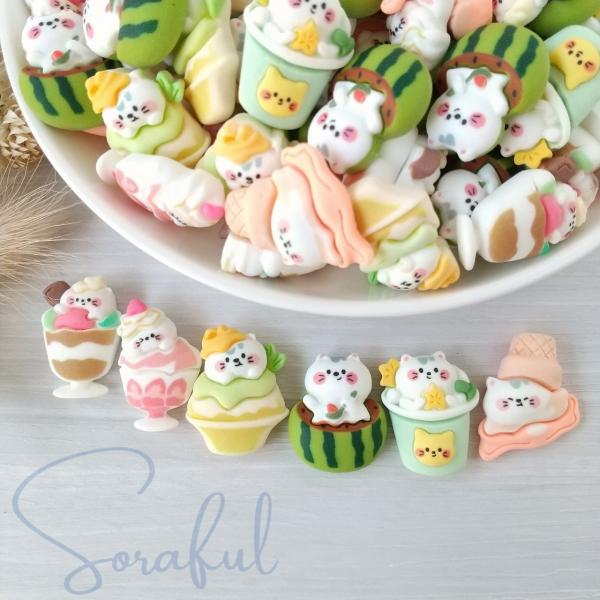 デコパーツ カフェスイーツになった猫ちゃんたち 6個 貼付けパーツ D-0396