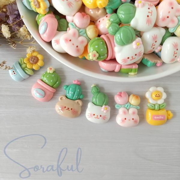 デコパーツ サボテンフラワーフレンズ ねこ うさぎ くま 花 6個 貼付けパーツ D-0401