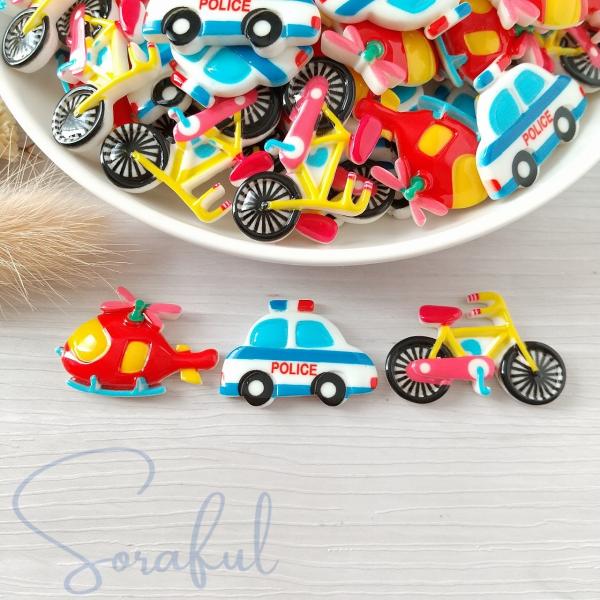 デコパーツ 乗り物シリーズ フラットタイプ パトカー ヘリコプター 自転車 5個 貼付けパーツ D-0469