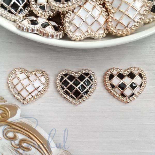 デコパーツ 大人可愛い格子柄ハート モノトーン バイカラー 4個 貼付けパーツ D-0537