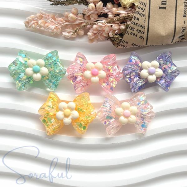 デコパーツ クリアなお花のリボン キラキラ スパンコール 5色セット