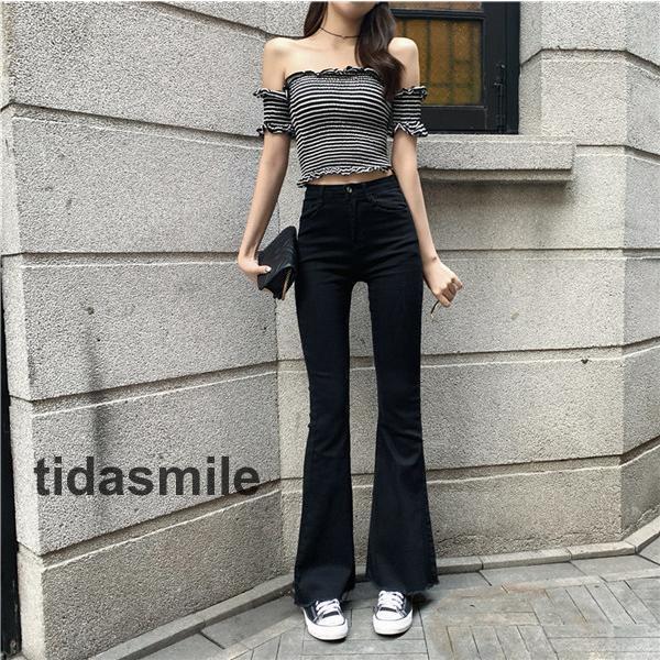ブーツカット デニムパンツ レディース フレア ロング丈 カットオフ 