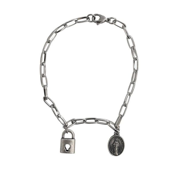 パドロックモチーフ＆メダル ステンレスチェーンブレスレット シルバー