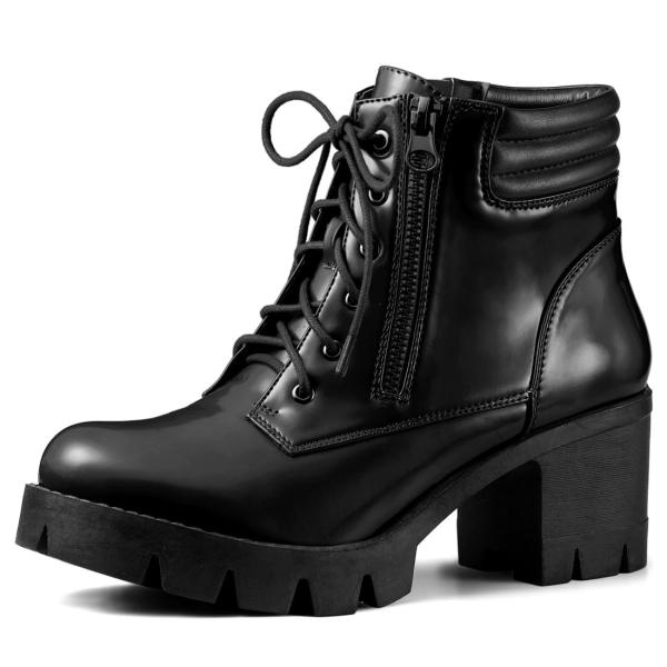 Allegra K アンクルブーツ ラウンドトゥ サイドジッパー 戦闘ブロックヒール レディース ブラック 24.5cm