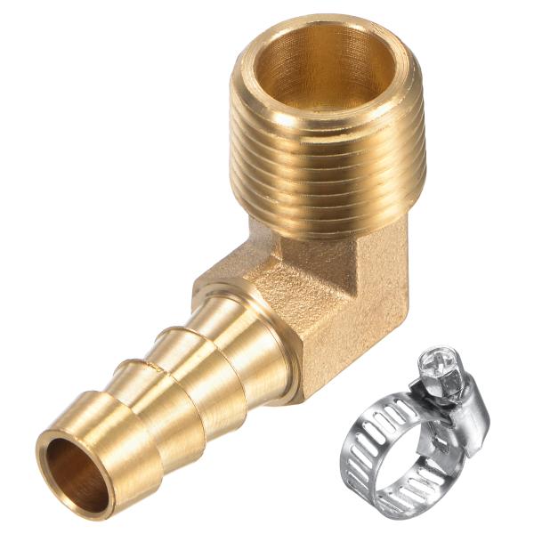 uxcell 真ちゅうホースバーブ継手 エルボー 9.5 mmx3/8NPT おねじ 直角パイプコネクタ ステンレス鋼ホースクランプ付き 1セット