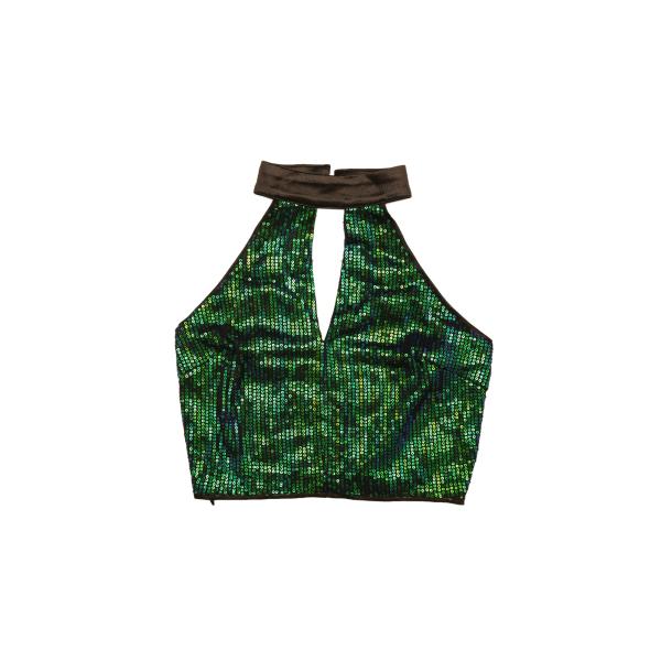 Allegra K キャミソール タンクトップ クロップ ホルターネック カットアウト Vネック 光沢 スパンコール レディース ブルーグリーン L