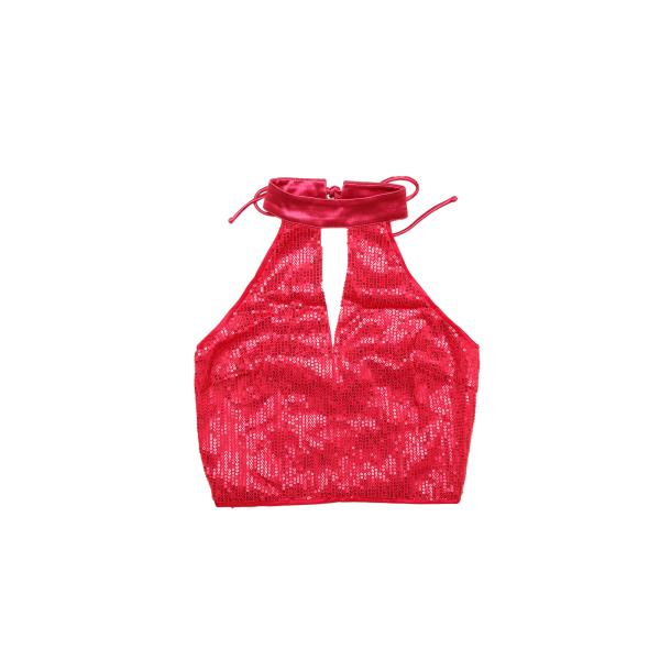 Allegra K キャミソール タンクトップ クロップ ホルターネック カットアウト Vネック 光沢 スパンコール レディース ホットピンク xS