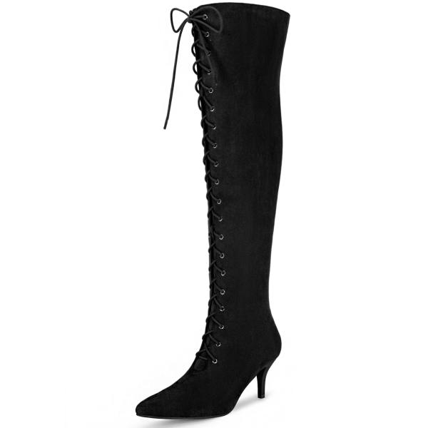 Allegra K レディース レースアップ スティレットヒール オーバーニーハイブーツ ブラック 23.0cm