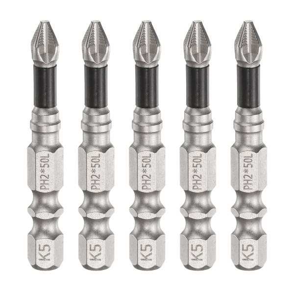 uxcell 5本セット プラスビット ドライバービット PH2 長さ50mm 六角軸 強力磁気ビット 滑り止め 電動ドライバー用 シルバー