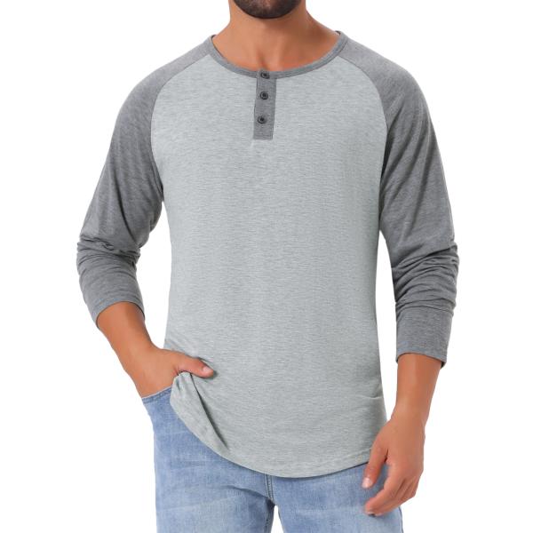 TATT 21 メンズ ラグラン 長袖 Tシャツ カジュアル ベースボール ヘンリー Tシャツ グレー 2XL