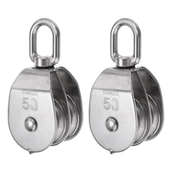 uxcell 2個セット M50 ダブルプーリーブロック ステンレススチール製回転リグリングリフティングホイール固定プーリー クレーン用ワイヤー牽引ホ