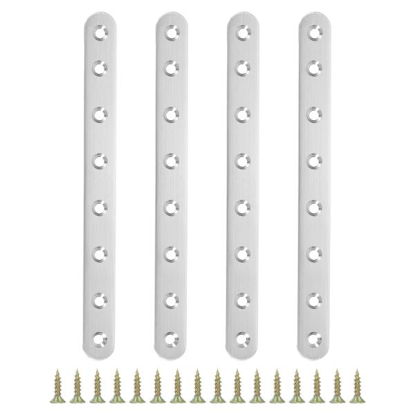 PATIKIL ジョイント金具 フラット 245x19x3 mm ネジ付き 4個 8穴 l字金具 固定 修理 木製椅子家具用補強プレート シルバー