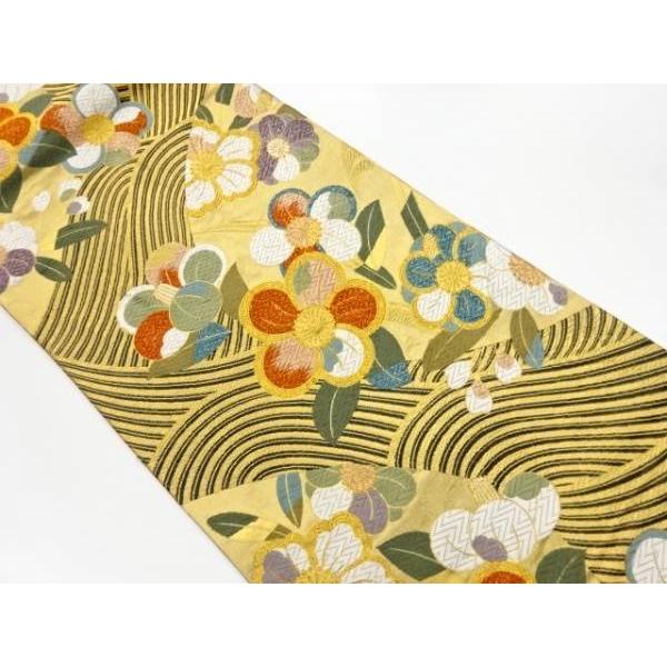 宗sou 波に椿模様織出し袋帯【リサイクル】【着】 :ys5907793:お茶道具