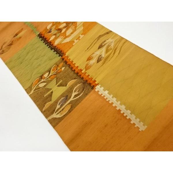 宗sou 手織り紬すくい織抽象植物・鳥模様織出し洒落袋帯【リサイクル