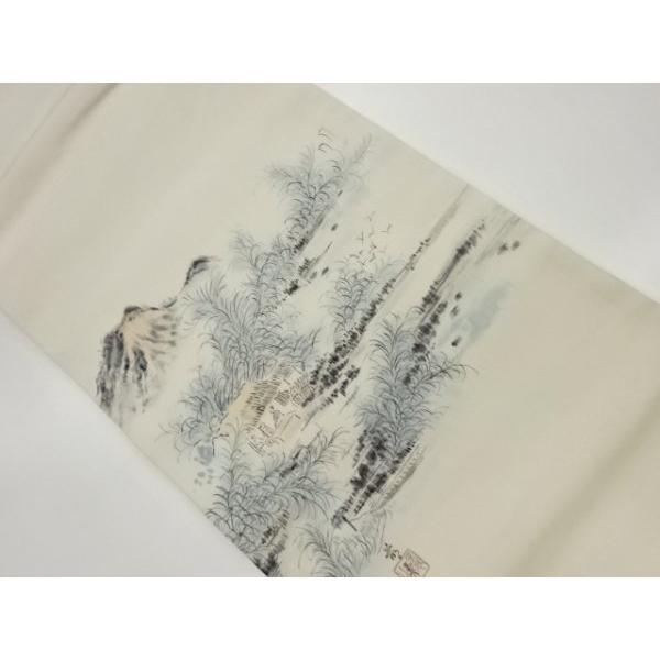 宗sou 作家物 塩瀬手描き人物に民家風景模様開き名古屋帯（額縁仕立て