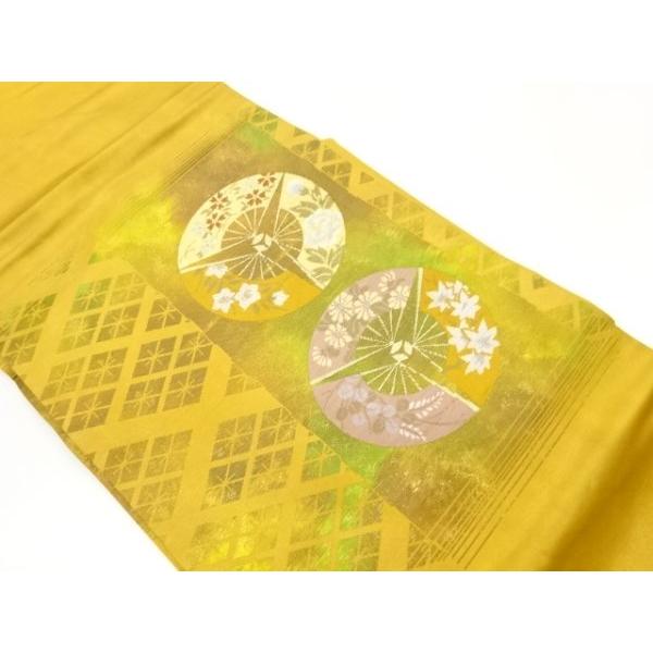 【名古屋帯】塩瀬 文箱に扇模様　手描き　正絹　黄色　古典　アンティーク 名古屋帯】塩瀬 文箱に扇模様 手描き 正絹 黄色 古典 アンティーク