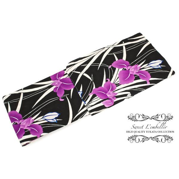 レディース浴衣 花火大会 夏祭り ブランド bonheur saisons（ボヌールセゾン） Sweet L'Embrllir（スイートランベリー） 黒 ブラック 明るい紫 パープル ピンクマゼンタ 菖蒲 綿 女性浴衣【フリーサイズ】 SOUBIEN（創美苑） 浴衣 レディース 単品 bonheur saisons ボヌール