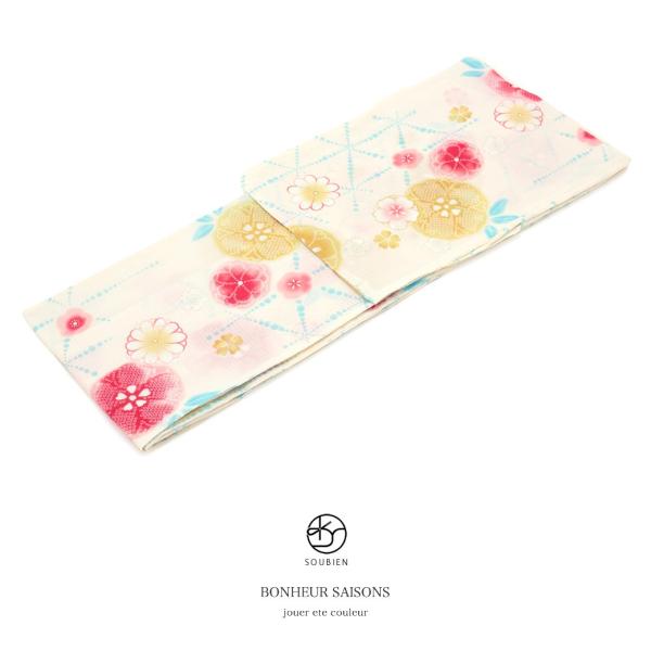 浴衣 レディース bonheur saisons ボヌールセゾン 薄黄色 クリーム 赤 水色 桜 梅 花 水玉 三角 鱗文 ラメ 綿 紅梅織 夏祭り 花火大会 女性用 仕立て上がり 【フリーサイズ】 bonheur saisons（ボヌールセゾン） 浴衣 レディース 単品 薄黄色