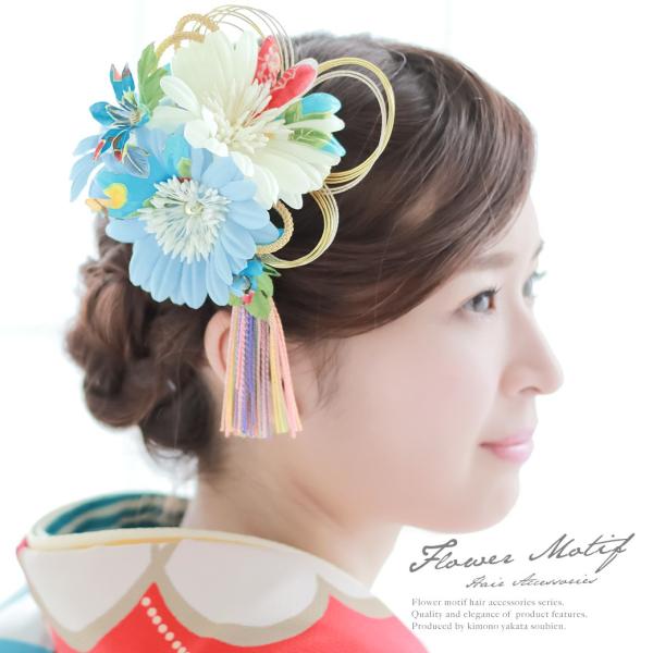 髪飾り 2点セット 水色 ブルー 菊 ガーベラ 花 房紐 水引 ラメ