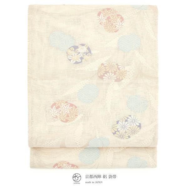 【未仕立て】袋帯 姫野織物 薄茶色 ベージュ 流水 鈴 穂 菊 楓 絽 京都西陣織 555 六通柄 夏向き フォーマルカジュアル 日本製 未仕立て】袋帯 姫野織物 薄茶色 ベージュ 流水 鈴 穂 菊 楓 絽 京都