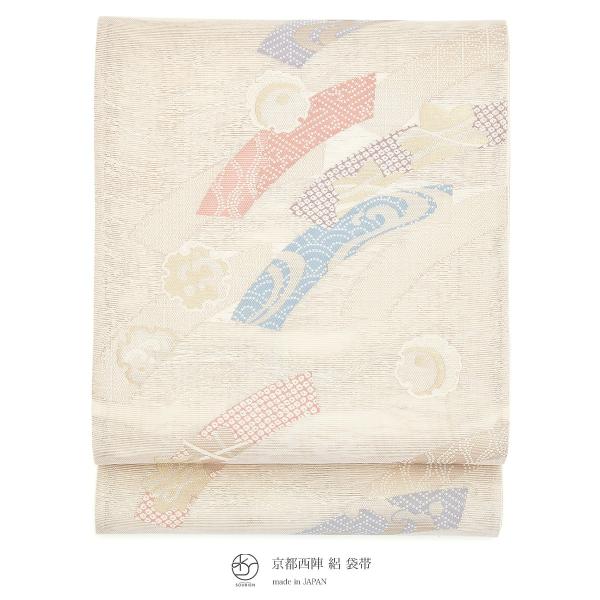 未仕立て】袋帯 姫野織物 薄茶色 流水 短冊 雪輪 青海波 立波 絽 京都