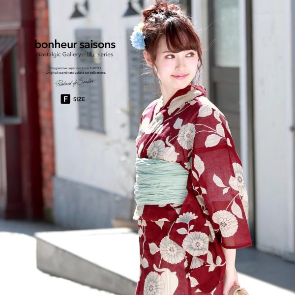 新品浴衣◇ bonheur saisons　赤系 花に猫 新品浴衣◇ bonheur saisons 赤系 花に猫 新品浴衣◇ bonheur