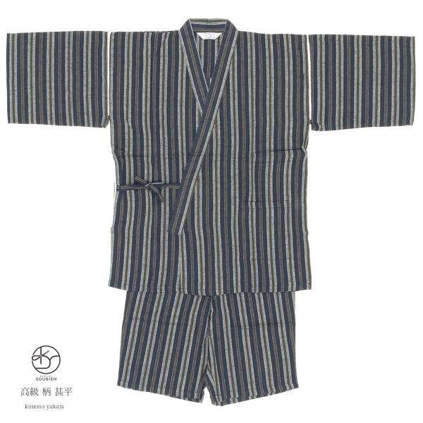 メンズ甚平 紺 ネイビー 茶 縞 ストライプ 綿 しじら織り 手タコ糸仕立て 夏祭り 花火大会 男性用 仕立て上がり カジュアル M 送料無料 Sagaretxe Net