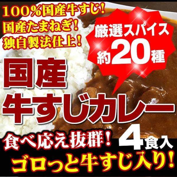 【商品内容】国産牛すじカレー210g　4パック※袋に入った商品をメール便 ポスト投函でのお届けとなります。【お届け方法】　メール便 ポスト投函【代引決済不可/自動キャンセルとなります】【送料】送料無料【原材料】玉ねぎ(国産)、牛すじ肉(国産...