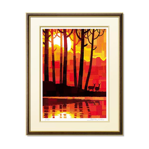絵画 夕日 鹿 和風 壁掛け インテリア 版画 風水 黄色 風景画