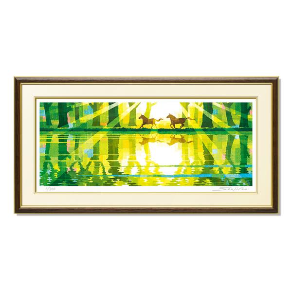 絵画 版画 馬 木漏れ日 馬の絵 湖畔 壁掛け おしゃれ 玄関 リビング インテリア にオリジナル角色面タッチの和風 風景画 の アート・作家：藤谷壮仁郎・作品名：想い出の湖畔・作品サイズ：500×195ｍｍ・額縁外寸：620×320ｍｍ　...